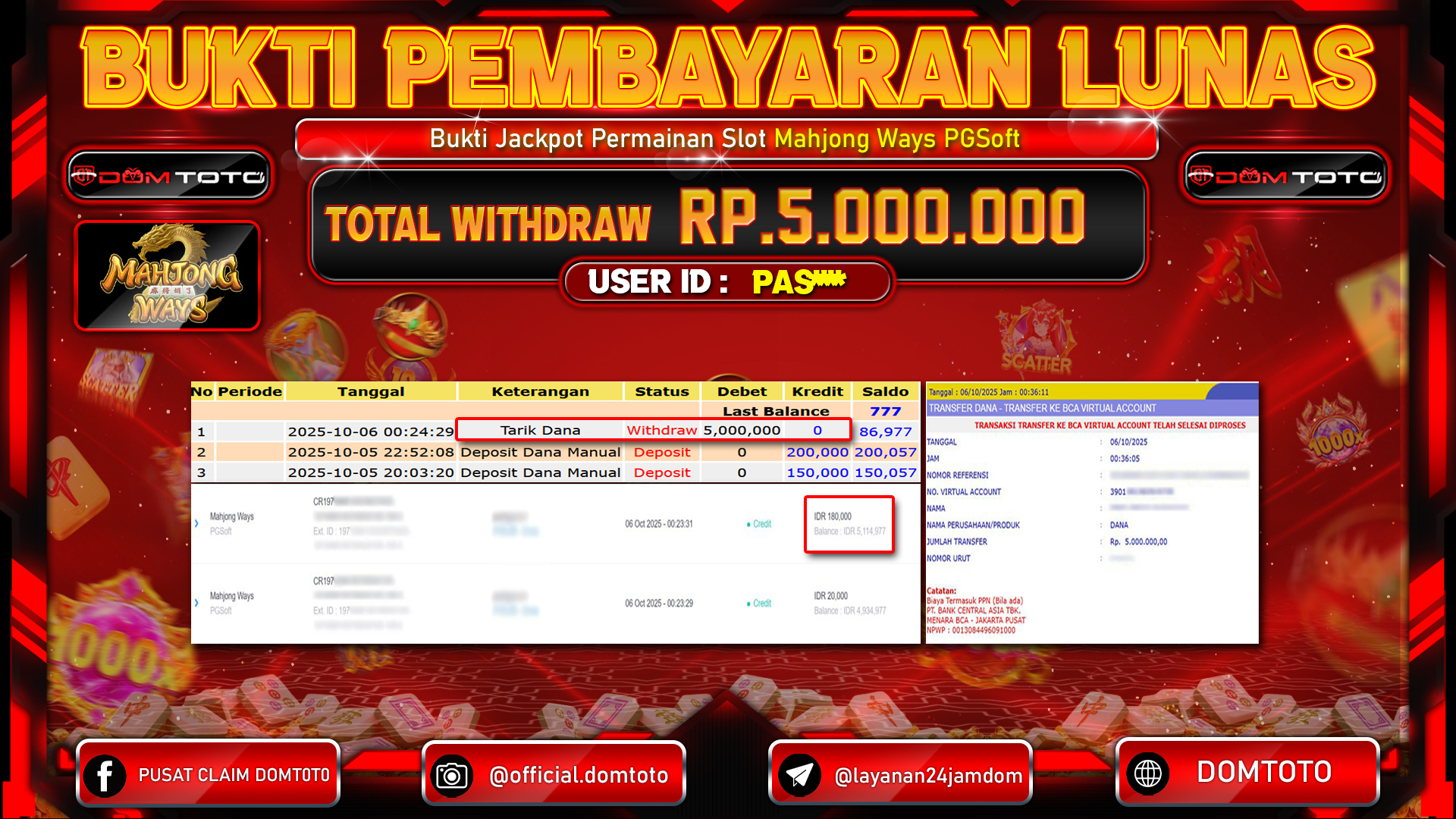 JACKPOT Slot Mahjong Ways PGSoft 06 OKTOBER 2025